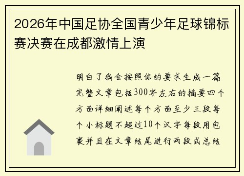 2026年中国足协全国青少年足球锦标赛决赛在成都激情上演